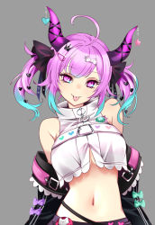 Rule 34 | 1girl, :p, ahoge, bare shoulders, belt, blouse, bow, breasts, copyright request, crop top, grey background, hair ornament, heart, highres, horns, long hair, looking at viewer, midriff, multicolored hair, navel, pink hair, purple eyes, purple hair, raptor7, shirt, sleeveless, sleeveless shirt, solo, tongue, tongue out, twintails, upper body, virtual youtuber, white shirt