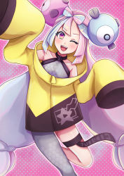Rule 34 | 1girl, ;d, absurdres, aqua hair, blush, character hair ornament, commentary request, creatures (company), eyelashes, game freak, grey pantyhose, grey shirt, hair ornament, highres, iono (pokemon), jacket, leg up, long hair, nintendo, one eye closed, open mouth, pantyhose, pink hair, pokemon, pokemon sv, shirt, single leg pantyhose, sleeveless, sleeveless shirt, sleeves past fingers, sleeves past wrists, smile, solo, teeth, thigh strap, tongue, twintails, upper teeth only, yellow jacket, yukimi (08280823)