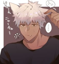 Rule 34 | ..., 1boy, animal ears, archer (fate), black shirt, brown background, brown eyes, cat ears, collarbone, commentary request, dark-skinned male, dark skin, fang, fang out, fate/stay night, fate (series), grey hair, hand up, highres, kemonomimi mode, looking at viewer, male focus, paw print, portrait, shimatori (sanyyyy), shirt, short hair, simple background, solo, spoken ellipsis, sweatdrop, translation request, white background