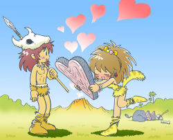 Rule 34 | 1boy, 1girl, animal skull, axe, bare shoulders, blue sky, blush, bone, boots, brown hair, caveman, closed eyes, confessing, food, gradient background, grass, hair ornament, hammer, heart, jewelry, kabiinyo (kab), leg lift, leg up, loincloth, long hair, meat, necklace, nose blush, open mouth, original, outdoors, polearm, skull, sky, smile, spear, standing, standing on one leg, stone axe, tail, valentine, volcano, weapon