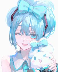 Rule 34 | 1girl, ;d, blue eyes, blue hair, blue nails, blue necktie, cinnamiku, cinnamoroll, collared shirt, creature, folded twintails, frilled shirt, frills, grey shirt, hair between eyes, hatsune miku, highres, holding, holding creature, looking at viewer, nail polish, necktie, one eye closed, open mouth, portrait, sanrio, shirt, simple background, sleeves past wrists, smile, solo, tied ears, vocaloid, white background, wing collar, yoruirooo777