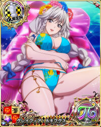 Rule 34 | 1girl, bikini, blue bikini, blue bow, bow, braid, breasts, card (medium), chess piece, cleavage, female focus, floral print, grayfia lucifuge, grey eyes, grey hair, hair bow, hair ornament, high school dxd, inflatable raft, large breasts, long hair, looking at viewer, lying, matching hair/eyes, mature female, navel, official art, parted lips, print bikini, queen (chess), red lips, smile, solo, swimsuit, twin braids, water