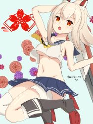 Rule 34 | 1girl, :o, absurdres, asymmetrical legwear, ayanami (azur lane), azur lane, bandaged leg, bandages, bare shoulders, black footwear, blonde hair, blue background, blue sailor collar, blue skirt, blush, boots, breasts, collarbone, commentary request, crop top, floral background, full body, groin, hair between eyes, hair ornament, headgear, high ponytail, highres, holding, holding sword, holding weapon, knee boots, kneehighs, long hair, looking at viewer, medium breasts, midriff, navel, neckerchief, pleated skirt, ponytail, red eyes, rudder footwear, sailor collar, sakura empire (emblem), shanghai kani, shirt, sidelocks, single kneehigh, single sock, single thighhigh, skindentation, skirt, socks, solo, sword, teeth, thighhighs, twitter username, underboob, uneven legwear, upper teeth only, weapon, white socks, yellow neckerchief