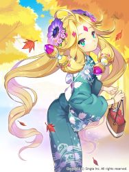 Rule 34 | 1girl, autumn, autumn leaves, bag, blonde hair, blue eyes, clock, copyright name, floral print, flower, hair flower, hair ornament, highres, japanese clothes, kimono, leaf, long hair, makio00, maple leaf, moriarty (sid story), multicolored eyes, sid story, solo
