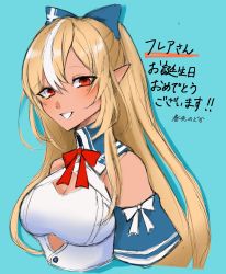 Rule 34 | 1girl, blonde hair, blue background, blush, bow, breasts, cleavage, cleavage cutout, clothing cutout, dark-skinned female, dark skin, detached sleeves, hair behind ear, harusaki nodoka (artist), highres, hololive, long hair, medium breasts, multicolored hair, orange eyes, parted lips, pointy ears, red bow, shiranui flare, shiranui flare (1st costume), smile, solo, streaked hair, upper body, very long hair, virtual youtuber, white bow, white hair
