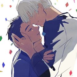 Rule 34 | 2boys, black hair, blurry, close-up, closed eyes, confetti, depth of field, facing away, fingernails, forehead-to-forehead, futon (katarosu), grey hair, hair over one eye, hands on another&#039;s face, happy, heads together, katsuki yuuri, long sleeves, lowres, male focus, monochrome, multiple boys, noses touching, profile, short hair, simple background, smile, upper body, viktor nikiforov, white background, yaoi, yuri!!! on ice
