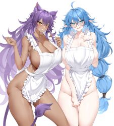 Rule 34 | 2girls, ahoge, animal ear fluff, animal ears, apron, blue eyes, blue hair, blush, breasts, casul, commission, frilled apron, frills, glasses, hair between eyes, highres, huge breasts, multiple girls, naked apron, open mouth, original, pointy ears, purple hair, round eyewear, sideboob, tail, white apron, white background, yellow eyes