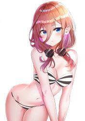 Rule 34 | 1girl, absurdres, bandeau, bare arms, bare shoulders, bent over, bikini, blue eyes, blush, breasts, brown hair, cleavage, closed mouth, collarbone, cowboy shot, go-toubun no hanayome, groin, hair between eyes, highres, long hair, looking at viewer, medium breasts, nakano miku, navel, sidelocks, simple background, solo, stomach, strapless, strapless bikini, striped bikini, striped clothes, sunglasses, sunglasses removed, sunhyun, swimsuit, thighs, unworn eyewear, white background