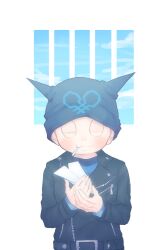 Rule 34 | 1boy, animal ear headwear, animal ears, beanie, belt, belt buckle, black belt, black hat, black jacket, black shirt, black sleeves, blue shirt, blue sky, blush stickers, brown hair, buckle, cat ears, cigarette, closed eyes, closed mouth, cloud, collared jacket, commentary request, danganronpa (series), danganronpa v3: killing harmony, day, fake animal ears, fingernails, hat, holding, holding cigarette, holding paper airplane, hoshi ryoma, jacket, kogarashi 8, layered sleeves, leather, leather jacket, long sleeves, male focus, mouth hold, own hands together, partial commentary, prison cell, prison clothes, shirt, short hair, simple background, sky, smile, solo, striped clothes, striped shirt, studded belt, translation request, two-tone shirt, upper body, very short hair, white background, zipper, zipper pull tab