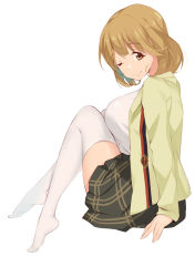 Rule 34 | 10s, 1girl, ;), b3b, breasts, brown eyes, brown hair, feet, hair ornament, hairclip, highres, large breasts, legs, looking at viewer, matching hair/eyes, narusawa ryouka, no shoes, occultic;nine, one eye closed, plaid, plaid skirt, short hair, simple background, skirt, smile, solo, thighhighs, thighs, white background, white thighhighs, zettai ryouiki