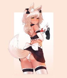 Rule 34 | &gt;:p, 1girl, :p, animal ears, bare shoulders, black ribbon, black skirt, blindfold, blush, cowboy shot, crotch cutout, crotchless, crotchless panties, cuffs, ehrrr, elbow gloves, fox ears, fox girl, fox shadow puppet, fox tail, from behind, gloves, hair ribbon, handcuffs, highres, long hair, looking at viewer, looking back, maid, naughty face, nose blush, original, panties, ribbon, shibari, shibari under clothes, silver hair, skirt, smile, solo, swept bangs, tail, thighhighs, tongue, tongue out, two side up, underwear, v-shaped eyebrows, white gloves, white panties, white thighhighs