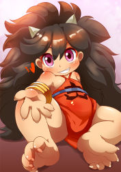 Rule 34 | 1girl, bare legs, bare shoulders, barefoot, big hair, blush, bracelet, brown hair, claws, clothes writing, collarbone, dudou, eyeshadow, fang, feet, fingernails, grin, heart, horns, jewelry, long hair, makeup, oboro muramasa, oni, oni horns, outstretched arm, outstretched hand, purple eyes, rajaki (oboro muramasa), sharp fingernails, sharp toenails, smile, unworn socks, soles, solo, toenails, toes, ukan muri, vanillaware, very long hair