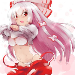 Rule 34 | 1girl, :o, blush, bow, bra, breasts, cleavage, clothes lift, clothes pull, female focus, fujiwara no mokou, hair between eyes, hair bow, hair ribbon, hip focus, ii00, lifted by self, lingerie, long hair, looking at viewer, navel, open mouth, panties, pants, pants pull, red eyes, ribbon, shirt lift, solo, straight hair, suspenders, touhou, underwear, undressing, very long hair, white background, white bra, white hair, white panties