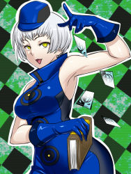 Rule 34 | 1girl, :d, argyle, argyle background, argyle clothes, armpits, bare shoulders, blue dress, blue gloves, book, breasts, card, dress, elizabeth (persona), gloves, hat, holding, holding book, looking at viewer, medium breasts, okyou, open mouth, persona, persona 3, short hair, sleeveless, sleeveless dress, smile, solo, upper body, white hair, yellow eyes