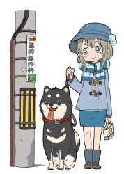 Rule 34 | 1girl, :&gt;, :d, animal collar, arrow (symbol), bag, black eyes, black footwear, blue coat, blue eyes, blue footwear, blue hat, blue scarf, blue skirt, blush, boots, cable, coat, collar, dog, duffel coat, full body, grey hair, hat, highres, holding, holding bag, holding leash, knee boots, leash, long sleeves, looking at another, open mouth, original, pet walking, pole, power lines, saliva, scarf, shiba inu, sidelocks, sign, simple background, sitting, skirt, smile, standing, star (symbol), striped clothes, striped scarf, tareme, tongue, tongue out, white background, yukimoto shuuji (gurigura)