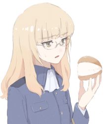 Rule 34 | 1girl, blonde hair, blue jacket, brown eyes, buttons, commentary, food, glasses, hand up, highres, jacket, long sleeves, looking to the side, medium hair, open mouth, perrine h. clostermann, pocket, shiratama (hockey), shirt, simple background, solo, strike witches, white background, white shirt, world witches series, yellow eyes