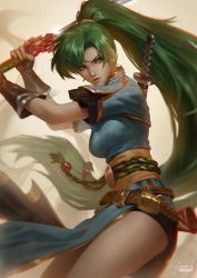 Rule 34 | 1girl, artist name, belt, black shorts, breasts, chromatic aberration, closed mouth, earrings, female focus, fingerless gloves, fire emblem, fire emblem: the blazing blade, gloves, green eyes, green hair, highres, holding, holding sword, holding weapon, jewelry, lips, long hair, lyn (fire emblem), medium breasts, nintendo, pelvic curtain, ponytail, raikoart, short sleeves, shorts, signature, simple background, solo, sword, weapon, weapon on back