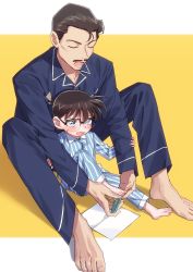 Rule 34 | 2boys, applying pedicure, arm grab, barefoot, black-framed eyewear, black hair, blue eyes, blue pajamas, blush, brown hair, child, clipping nails, clipping toenails, collarbone, commentary request, edogawa conan, facial hair, fingernails, glasses, highres, holding another&#039;s foot, k (gear labo), leg up, long sleeves, lower teeth only, male focus, meitantei conan, mouri kogoro, multiple boys, mustache, nail clippers, open mouth, pajamas, paper, short hair, sitting, striped clothes, striped pajamas, sweatdrop, teeth, toenails, toes, two-tone background, white background, yellow background