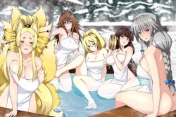 Rule 34 | 5girls, ahoge, animal ear fluff, animal ears, ass, blonde hair, blue bow, bow, braid, braided ponytail, breasts, brown hair, cleavage, collarbone, earrings, female focus, fox ears, fox girl, fox tail, grayfia lucifuge, grey eyes, grey hair, hair bow, high school dxd, hyoudou miki, jewelry, kitsune, kyuubi, lady phenex, large breasts, lindaroze, long hair, looking at viewer, matching hair/eyes, mature female, multiple girls, multiple tails, naked towel, onsen, ponytail, purple eyes, tail, thighs, towel, trait connection, twin braids, venelana gremory, yasaka (high school dxd), yellow eyes