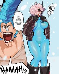 Rule 34 | !, 1boy, 1girl, ?, absurdres, asymmetrical bangs, black gloves, black jacket, blue bodysuit, blue eyes, blue hair, blush, bodysuit, clothes writing, cropped jacket, diforland, earphones, earpiece, english text, eyelashes, franky (one piece), gloves, hair over one eye, heart maebari, heart pasties, highres, jacket, looking at another, maebari, one eye covered, one piece, open mouth, pasties, pink hair, pompadour, see-through, see-through bodysuit, short hair, smile, speech bubble, spiked hair, teeth, vegapunk lilith