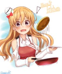 Rule 34 | !, 1girl, apron, bare shoulders, blonde hair, blush, braid, breasts, brown eyes, character name, cooking, english text, fang, food, french braid, frying pan, hair between eyes, hat, highres, holding, holding frying pan, kantai collection, long hair, long sleeves, medium breasts, mini hat, open mouth, pancake, red apron, sazamiso rx, shirt, signature, solo, surprised, wavy hair, white shirt, zara (kancolle)