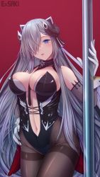 Rule 34 | 1girl, artist name, august von parseval (azur lane), azur lane, blue eyes, blush, braid, breasts, choker, clothing cutout, ex saki, gloves, hair ornament, hair over one eye, hand on own hip, highres, holding, holding pole, horns, large breasts, leotard, long hair, looking at viewer, navel, navel cutout, necktie, pantyhose, parted lips, playboy bunny, pole, red background, signature, silver hair, solo, white gloves