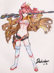 Rule 34 | 00s, 1girl, artist name, bad id, bad pixiv id, bikini, bikini top only, boots, derivative work, dualsaber, groin, gun, hair ornament, hair stick, highres, holster, long hair, midriff, navel, no panties, open fly, orange eyes, ponytail, red hair, rifle, short shorts, shorts, simple background, smile, sniper rifle, solo, swimsuit, tengen toppa gurren lagann, thigh boots, thighhighs, torn clothes, traditional media, unzipped, weapon, white background, yoko littner
