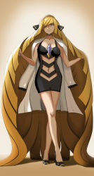 Rule 34 | 1girl, absurdly long hair, absurdres, blonde hair, breasts, cleavage, cosplay, creatures (company), cynthia (pokemon), elesa (pokemon), full body, fusion, game freak, grey eyes, gym leader, hair ornament, high heels, highres, jacket, jacket on shoulders, long hair, long legs, lusamine (pokemon), md5 mismatch, nintendo, no legwear, pokemon, pokemon bw, pokemon dppt, pokemon sm, simple background, solo, very long hair, vivivoovoo