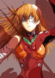 Rule 34 | 1girl, bandages, blue eyes, closed mouth, the end of evangelion, expressionless, eyepatch, igusaharu, lance of longinus (evangelion), long hair, looking at viewer, lying, medical eyepatch, neon genesis evangelion, on back, out of frame, plugsuit, pov, rebuild of evangelion, red hair, shadow, solo focus, souryuu asuka langley, upper body