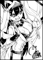 Rule 34 | 1girl, akitsuki itsuki, beads, bow, bra, bracer, breasts, cleavage, dated, earrings, fate/grand order, fate (series), greyscale, grin, hands up, hat, hoop earrings, jewelry, large breasts, looking at viewer, monochrome, prayer beads, signature, smile, solo, underwear, xuangzang sanzang (fate)