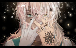 Rule 34 | 1boy, black background, colored skin, crying, crying with eyes open, dark-skinned male, dark skin, eyes visible through hair, fate/grand order, fate (series), gloves, glowing, green eyes, hair between eyes, hair over shoulder, hand tattoo, hands on own face, heterochromia, jewelry, letterboxed, light particles, long hair, male focus, multicolored hair, multicolored skin, neck ring, nekohanemocha, pink hair, ring, romani archaman, solo, solomon (fate), spoilers, tattoo, tears, two-tone hair, two-tone skin, white gloves, white hair, yellow eyes