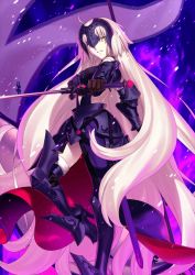 Rule 34 | 1girl, absurdly long hair, armor, armored boots, armored dress, black thighhighs, blonde hair, boots, fate/grand order, fate (series), gauntlets, holding, holding sword, holding weapon, jeanne d&#039;arc (fate), jeanne d&#039;arc alter (avenger) (fate), jeanne d&#039;arc alter (avenger) (third ascension) (fate), jeanne d&#039;arc alter (fate), long hair, ruler (fate/grand order), short hair, solo, sword, takeuchi takashi, thighhighs, very long hair, weapon, yellow eyes