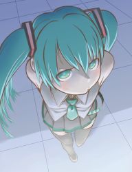 Rule 34 | 1girl, :&gt;, angry, aqua eyes, aqua hair, bad id, bad pixiv id, face, foreshortening, from above, hatsune miku, highres, long hair, necktie, pout, skirt, solo, thighhighs, twintails, uyama hajime, vocaloid, zettai ryouiki