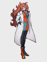 Rule 34 | 1girl, android 21, asymmetrical footwear, blue footwear, boots, breasts, checkered clothes, checkered dress, dragon ball, dragon ball fighterz, dress, earrings, full body, glasses, grey background, hands in pocket, hoop earrings, jewelry, kemachiku, lab coat, medium breasts, mismatched footwear, red footwear, simple background, solo, standing