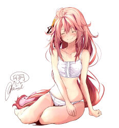 Rule 34 | 1girl, barefoot, black ribbon, blush, bra, breasts, character name, closed eyes, commentary request, crescent, crescent hair ornament, facing viewer, gradient hair, hair between eyes, hair ornament, hair ribbon, highres, kantai collection, long hair, multicolored hair, panties, pink hair, rabbit hair ornament, red hair, ribbon, rizzl, signature, simple background, sitting, small breasts, smile, solo, twitter username, underwear, underwear only, uzuki (kancolle), very long hair, white background, white bra, white panties