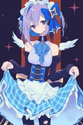 Rule 34 | absurdres, amane kanata, angel, angel wings, apron, asymmetrical bangs, asymmetrical hair, bad id, bad pixiv id, blue hair, blue wings, bob cut, bodice, bow, colored inner hair, detached sleeves, dress, feathered wings, frilled apron, frilled hairband, frills, gradient wings, hair ornament, hair over one eye, hairband, highres, hikap, hololive, maid, maid apron, maid headdress, mini wings, multicolored hair, multicolored wings, pantyhose, pearl hair ornament, plaid, plaid skirt, purple eyes, short hair, silver hair, single hair intake, skirt, solo, star (symbol), star hair ornament, streaked hair, torn clothes, torn pantyhose, turtleneck, turtleneck dress, two side up, virtual youtuber, white wings, wings