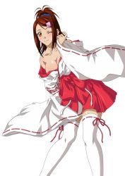 Rule 34 | 00s, 1girl, bachou mouki, bare shoulders, between legs, breasts, brown hair, cleavage, collarbone, hair ornament, hair scrunchie, hand between legs, highres, ikkitousen, japanese clothes, lace, lace-trimmed legwear, lace-trimmed sleeves, lace trim, large breasts, looking at viewer, miko, one eye closed, red ribbon, ribbon, scrunchie, shiny skin, simple background, smile, solo, thighhighs, white background, white thighhighs, yellow eyes