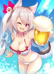 Rule 34 | 1girl, akiba monaka, alcohol, animal ears, azur lane, beer, bikini, breasts, fang, hair ornament, highres, large breasts, navel, one side up, red eyes, short eyebrows, silver hair, solo, swimsuit, tail, thick eyebrows, wolf ears, wolf girl, wolf tail, yuudachi (azur lane)