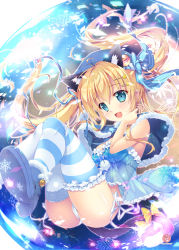Rule 34 | 1girl, :d, ahoge, animal ears, asymmetrical legwear, beret, blonde hair, blue eyes, blue ribbon, blue thighhighs, blush, boots, bow, cameltoe, cat ears, cat tail, frilled thighhighs, frills, fur-trimmed boots, fur trim, hair between eyes, hair ornament, hair ribbon, hairclip, hat, knees together feet apart, lace, lace-trimmed legwear, lace trim, long hair, looking at viewer, mikeou, mismatched legwear, open mouth, original, panties, pantyshot, petals, ribbon, smile, snowflakes, solo, striped clothes, striped ribbon, striped thighhighs, tail, thighhighs, thighs, twintails, underwear, white panties, white thighhighs, yellow bow