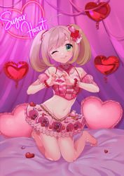 Rule 34 | 1girl, ahoge, bare shoulders, blush, breasts, brown hair, commentary request, green eyes, hair ornament, hair ribbon, heart, heart-shaped pillow, highres, idolmaster, idolmaster cinderella girls, looking at viewer, medium breasts, navel, one eye closed, pillow, pink skirt, red ribbon, ribbon, sato shin, short hair, skirt, smile, solo, tongue, tongue out, twintails, yam (htt)