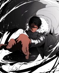 Rule 34 | 1boy, black hair, cost, dark-skinned male, dark skin, feet out of frame, fighting stance, foreshortening, from above, golden kamuy, highres, koito otonoshin, long sleeves, looking to the side, male focus, moc325 510numa, perspective, serious, short hair, snow, solo, standing, tsurime