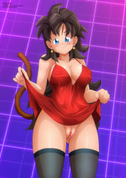 Rule 34 | 1girl, black hair, blue eyes, blush, bottomless, breasts, clothes lift, commission, commissioner upload, dragon ball, dragon ball (object), dragon ball gt, dragon ball heroes, dragon ball super, dragon ball xenoverse, dragonball z, dress, dress lift, earrings, highres, jewelry, large breasts, long hair, messy hair, monkey tail, no panties, original, purple background, pussy, red dress, saiyan, smile, tail, thighhighs, zel-sama, zou (oc)