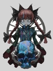 Rule 34 | 1girl, :&lt;, animal ears, artist request, braid, bright pupils, cat ears, cat girl, closed mouth, dress, extra ears, green dress, highres, holding, holding skull, juliet sleeves, kaenbyou rin, long hair, long sleeves, looking at viewer, nail polish, puffy sleeves, side braids, skull, solo, third-party source, touhou, twin braids, white pupils