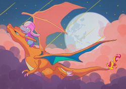 Rule 34 | above clouds, absurdres, bad id, bad twitter id, bagon, charizard, claws, closed mouth, cloud, creatures (company), fang, fire, fire, flame-tipped tail, flying, game freak, gen 1 pokemon, gen 3 pokemon, green eyes, highres, moon, night, nintendo, no humans, open mouth, outdoors, pokemon, pokemon (creature), riding, riding pokemon, saiku (zvlku)