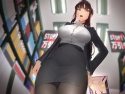 Rule 34 | 1girl, asmr, bikini, black bra, black skirt, blazer, bookshelf, bookstore, bra, bra peek, breasts, brown hair, brown pantyhose, button gap, cowboy shot, english text, from below, holding, holding magazine, jacket, large breasts, long hair, looking at viewer, magazine (object), office lady, open clothes, open mouth, original, pantyhose, pencil skirt, ponytail, see-through, see-through shirt, shirofugu, shirt tucked in, shop, sign, skirt, solo, standing, swimsuit, underwear, yellow eyes