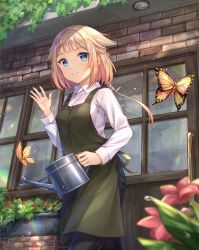 Rule 34 | 1girl, apron, blonde hair, blue eyes, blurry, blurry foreground, blush, braid, bug, building, butterfly, cevio, coffee tart, collared shirt, condensation, day, denim, dress, green apron, hair flaps, highres, holding, holding watering can, insect, jeans, long hair, looking at viewer, one (cevio), outdoors, pants, plant, potted plant, shirt, single braid, smile, solo, watering can, white shirt, window