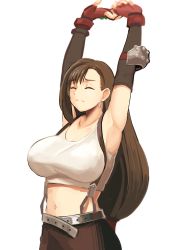 Rule 34 | 1girl, absurdres, armpits, arms up, bare shoulders, belt, black skirt, blush, breasts, brown hair, cleavage, closed eyes, closed mouth, collarbone, dh ead, earrings, elbow pads, final fantasy, final fantasy vii, fingerless gloves, gloves, highres, jewelry, large breasts, long hair, low-tied long hair, navel, red gloves, shirt, skirt, solo, square enix, stretching, suspender skirt, suspenders, swept bangs, tank top, taut clothes, taut shirt, tifa lockhart, very long hair, white tank top