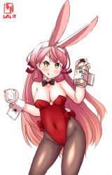 Rule 34 | 1girl, akashi (kancolle), alcohol, alternate costume, animal ears, artist logo, bare shoulders, black bow, black bowtie, blush, bottle, bow, bowtie, breasts, brown pantyhose, cameltoe, cleavage, covered navel, cowboy shot, cup, dated, detached collar, fake animal ears, green eyes, hair ribbon, highres, holding, holding cup, kanon (kurogane knights), kantai collection, leotard, long hair, looking at viewer, name connection, pantyhose, pink hair, playboy bunny, rabbit ears, rabbit tail, red leotard, red ribbon, ribbon, signature, simple background, smile, solo, standing, strapless, strapless leotard, tail, tress ribbon, v-shaped eyebrows, very long hair, white background, wrist cuffs