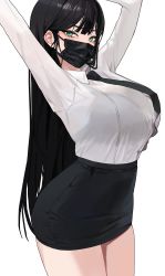 Rule 34 | 1girl, absurdres, arms up, black hair, bra visible through clothes, breasts, collared shirt, green eyes, highres, large breasts, long hair, long sleeves, mask, mole, mole under eye, mouth mask, nauj k, necktie, original, pencil skirt, see-through, shirt, simple background, skirt, solo, surgical mask, white background