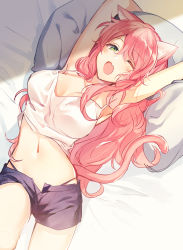 Rule 34 | 1girl, ;o, animal ears, armpits, arms up, bed sheet, blush, breasts, camisole, camisole lift, cat ears, cat girl, cat tail, cleavage, clothes lift, commentary request, fang, from above, green eyes, hair between eyes, highres, juugonichi (wheeliex2), large breasts, long hair, looking at viewer, lying, navel, on back, one eye closed, open clothes, open fly, open mouth, open shorts, original, pillow, pink hair, purple shorts, short shorts, shorts, skin fang, solo, stomach, strap gap, stretching, swept bangs, tail, thong, very long hair, waking up, yawning